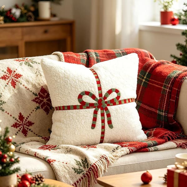 Julepudebetræk 45x45 cm, Blødt Pudebetræk med Rød Sløjfe til Sofa, Seng og Stue Hvid White 1PC