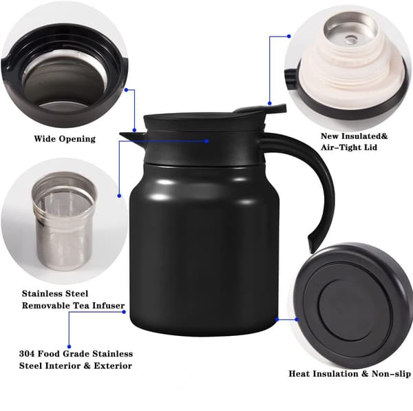 Teapot - Teapot with filter - Double-walled vacuum thermos - Stainless steel teapot - black