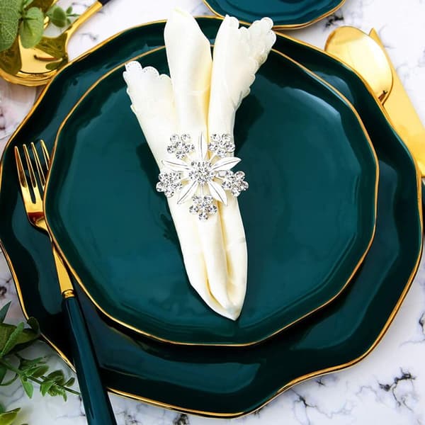 Servietringssæt med 6 Rhinestone-Blomster, Servietringholder til Bryllup, Middag, Borddekoration (Sølv)