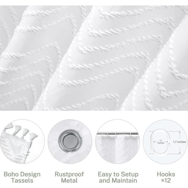 Extra Long Shower Curtain in White - Boho Minimalist with Tassels and Chevron Pattern 91*183CM