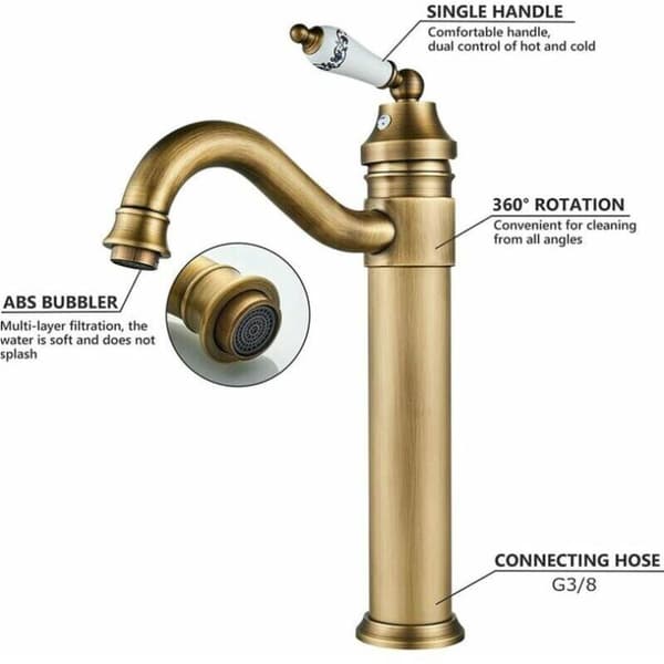 Brass basin mixer with high 360° swivel spout, adjustable for hot
