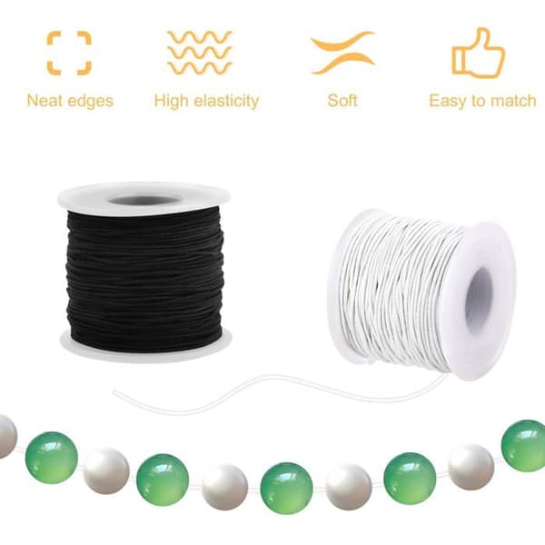 1 mm x 100 m sort og hvid elastisk tråd med saks og nål til armbånd, halskæder og gør-det-selv-håndværk
