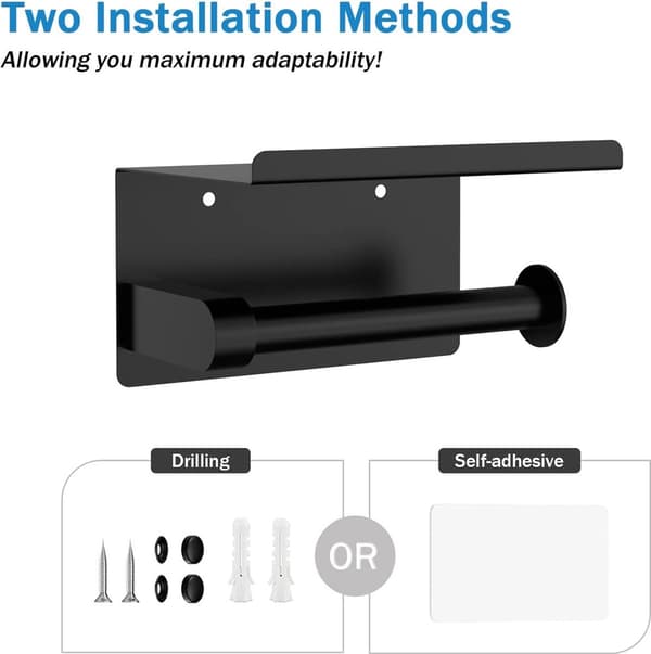 Toilet Roll Holder with Shelf - Raised Edge - Includes Screws and Double-Sided Tape