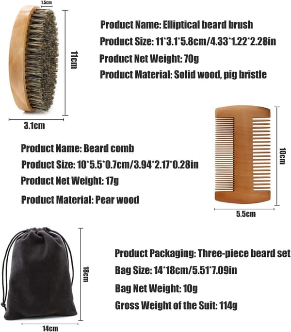 Set, Boar Bristle Beard Brush, Pocket Comb, Portable Hair Comb for Combing Beard Hair, Removing Debris, Massaging Face-FA-