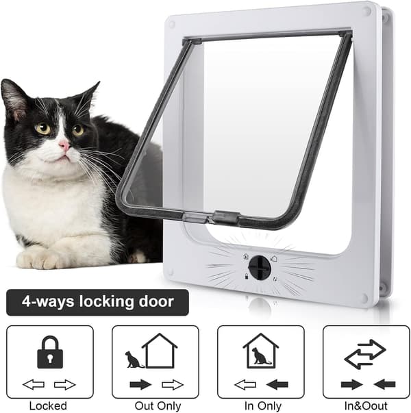 Small Cat Flap (outer dimensions 23.5 x 27 cm x 5.5 cm), four-way lockable, cat flap for kittens - white