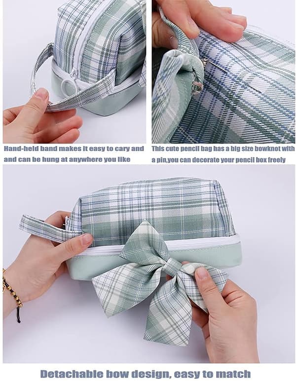 Cute Plaid Bow Pencil Case - Canvas Pencil Case for Pens and Highlighters