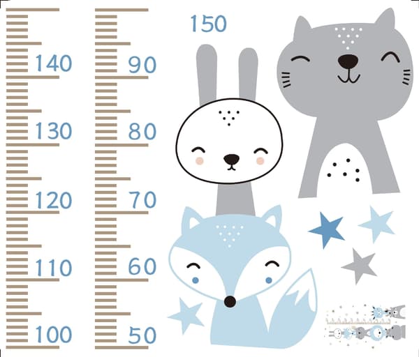 Kids Height Chart Wall Sticker Blue L, Baby Growth Height Wall Ruler, Forest Animal Mouse Owl Squirrel Tree Height -