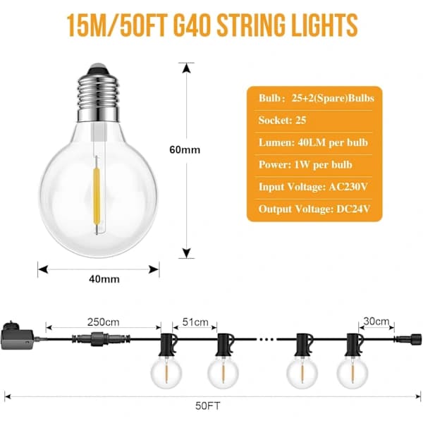 Outdoor String Lights 15M Dimmable with Remote Control, 25+1 Shatterproof Bulbs, IP45 Waterproof for Garden Patio Wedding, 2700K