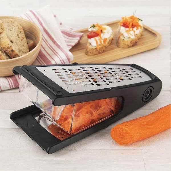 Practical grater with two blades and stainless steel container