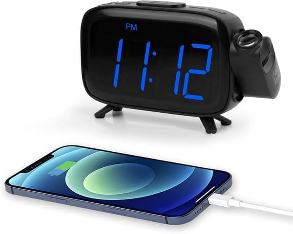 Projeksjonsvekkerklokke Stor LED 180° Roterbar 2-nivå Dimmer USB Backup Doble Alarmer [Ho]