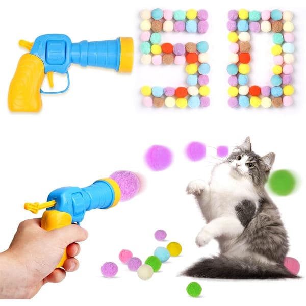 Kattepistol med 50 kugler Kattelegetøj Interaktivt Kattelegetøj Pomponbolde Skydekugler til voksne katte og killinger