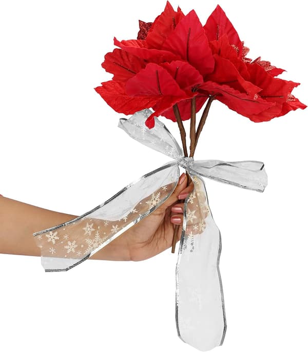 Silver Organza Presentband - 10m x 6,3cm Rött Trådbundet Julband