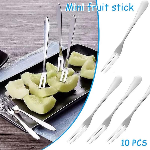 Small Stainless Steel Forks for Cocktail, Appetizer, Dessert, Party, 10 Pieces, 2-Prong Fruit Fork