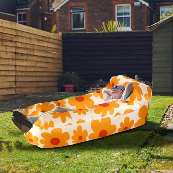 Inflatable Sofa, Portable Lounger Without Pump, Nylon Polyester, for Camping, Beaches and Festivals, Yellow Sunflower, 150-180 cm