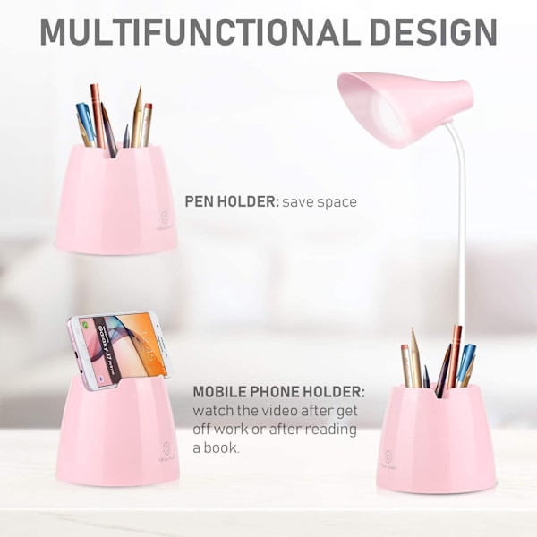 Børnenes skrivebordslampe, LED dæmpbar 24 LED øjenvenlig bordlampe 3 lysstyrkeniveauer USB genopladelig touch switch skrivebordslampe børn til læsning pink