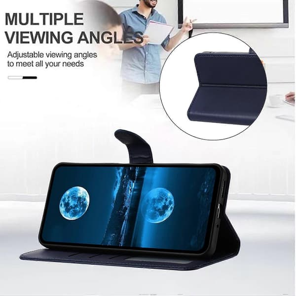 For Samsung Galaxy A17 5G Deksel Stativ Lommebok Lær Telefonveske med Stropp Blå