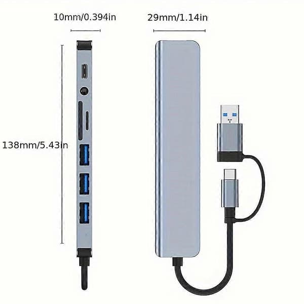 USB C 8-in-2-moniporttihubiadapteri 1 x USB 3.0/3 x USB 2.0 -dataportit/3,5 mm ääniliitännät puhelimille