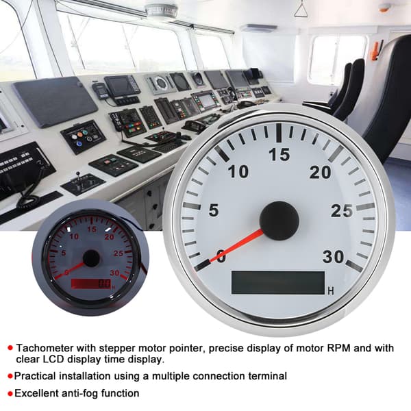 85mm / 3.3in Boat Tachometer Sensor IP67 Tacho Gauge 12V / 24V Red Light with LCD Display Service Hour Meter 3000 RPM Silver Frame White Dial