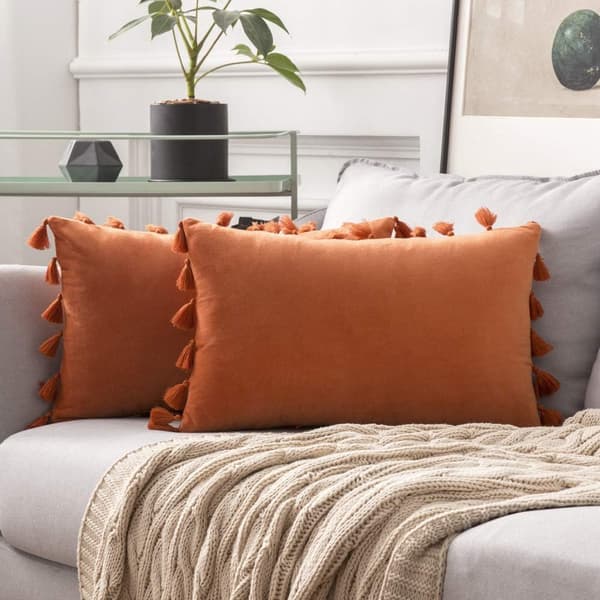 2-pack soft velvet cushion with fringes, bohemian style decorative pillowcase for sofa, bed, orange