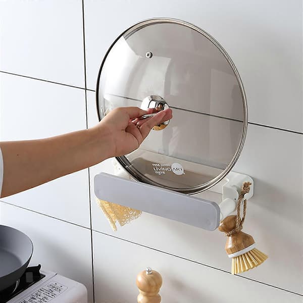 Retractable 2-in-1 Pot Lid Holder Punch-free Wall-mounted Storage Rack Holder