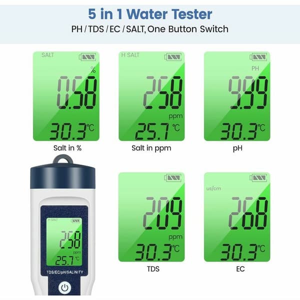 PH TDS-måler, 5 i 1 Vandkvalitetstester PH/TDS/EC/SEL/Temperatur TDS-måler LCD med Grøn Baggrundsbelysning til Pool/Akvarium/Dam