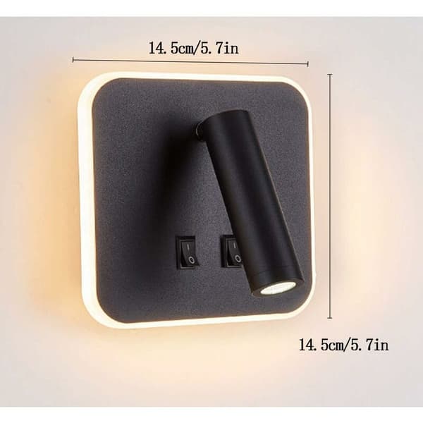 Bedside Lamp LED Wall Lamp Indoor Hotel Wall Lights Bed Hall Wall Lamp with Black Switch 3W+10W (Square) [Energy Class A+]