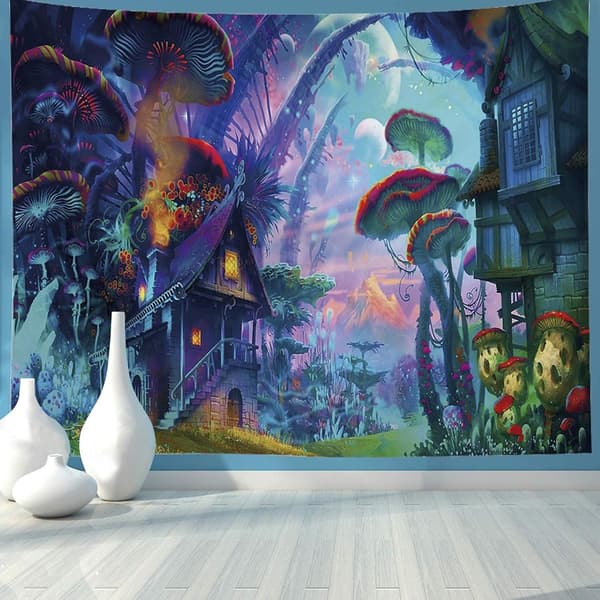 (150x200cm) Psychedelic Forest Tapestry Wall Hanging Mushroom Village