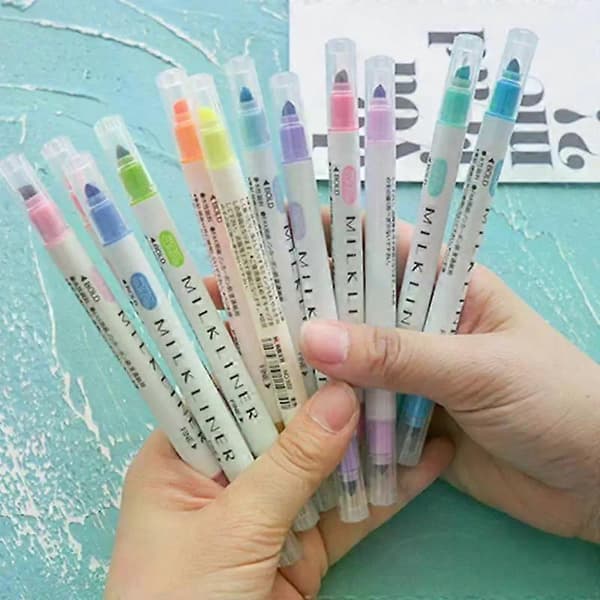 12 st/set Milkliner överstrykningspennor, dubbelsidiga fluorescerande markers, 12-pack 12PCS