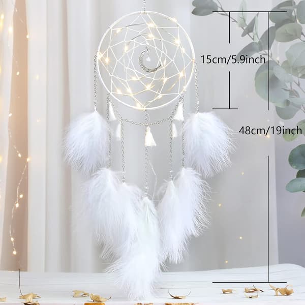 Vit - Liten drømmefanger med LED-lys, håndlaget fjærdrøm