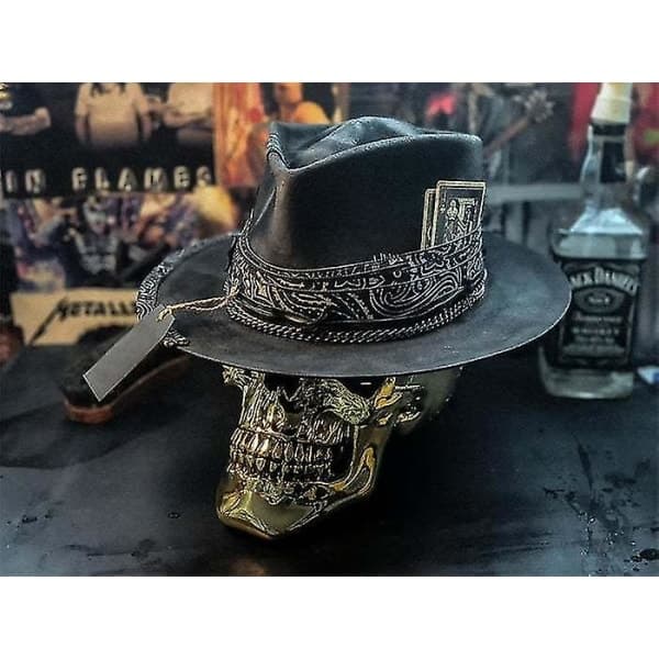 Cowboyhat i punkstil til mænd Western Skull Sort Cowboyhat