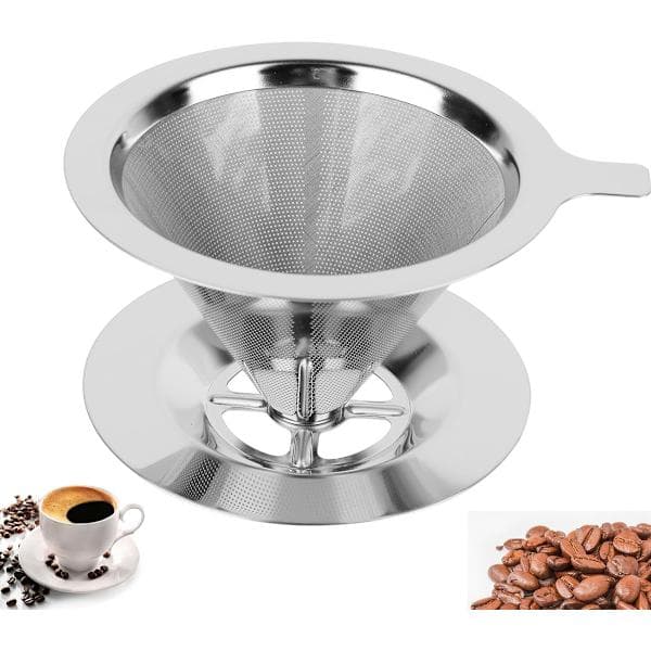 Gjenbrukbar kaffefilterholder i rustfritt stål, egnet for manuell kaffebrygging, dobbeltfilter.