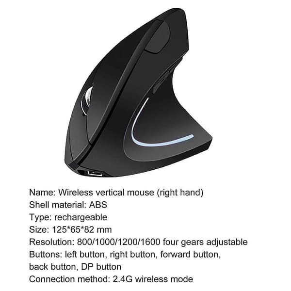 Wireless Vertical Ergonomic Mouse for Right-Handed Users, Rechargeable, 1600 dpi, 2.4 GHz (FMY) White White