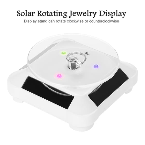 Solar Showcase 360 Roterende Platespiller Klokke Telefon Smykker Display Stativ LED-lys (Hvit)