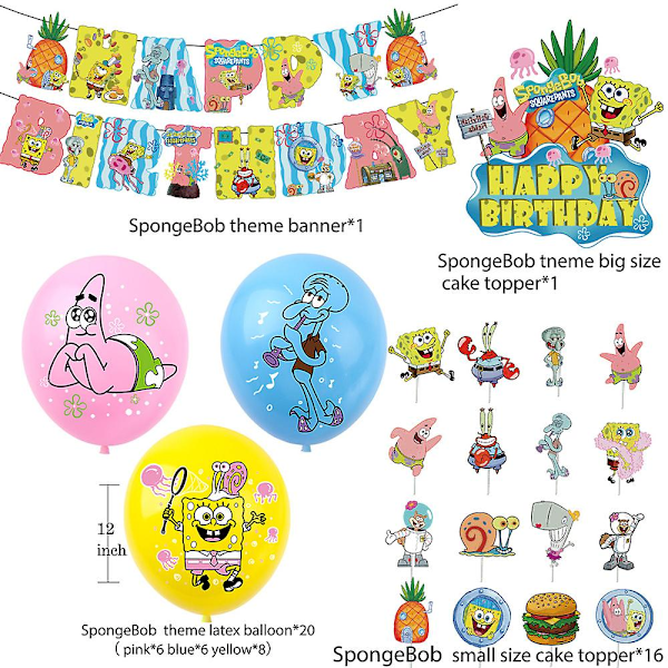 Spongebob Fyrkant Fest Dekorationer Kit Banner Ballonger Tårta Cupcake Toppers Set Gåvor