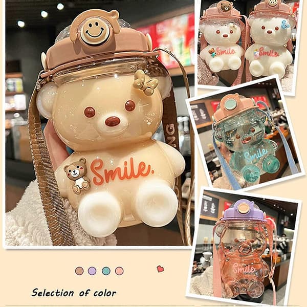 1000ml Large Kawaii Bear Shaped Water Bottle with Straw and Strap, Cute Water Bottles for Drinking Bottle (blue)
