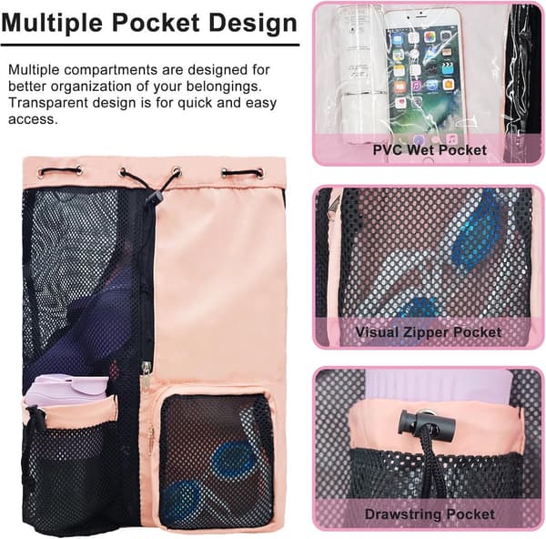 Drawstring Swim Backpack with Wet and Dry Compartment, Foldable Gym Bag with Adjustable Straps for Pool and Sports, Pink