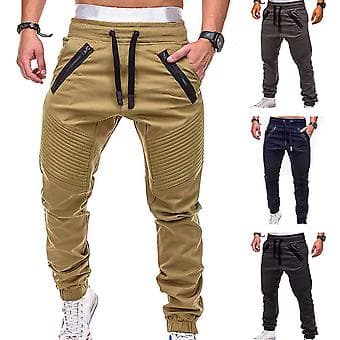 Fianao Drawstring Adjustable Striped Zipper Pockets Outdoor Sports Pants (XL Khaki)
