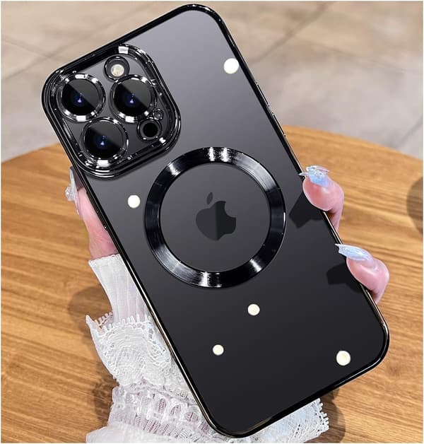 Magnetisk skinnende titanium iPhone 15 Pro Max-cover med fuld kamerabeskyttelse til slanke kvinder piger herrecovers (6,7 \") Sort