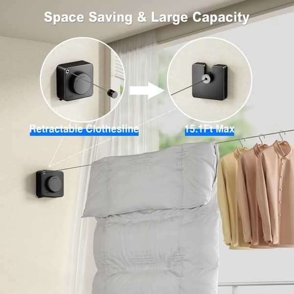 [LCS]ING Retractable Clothesline 4.2m Rolling Clothesline with Steel Core and Clothes Rack Drying Rack Clothesline Black