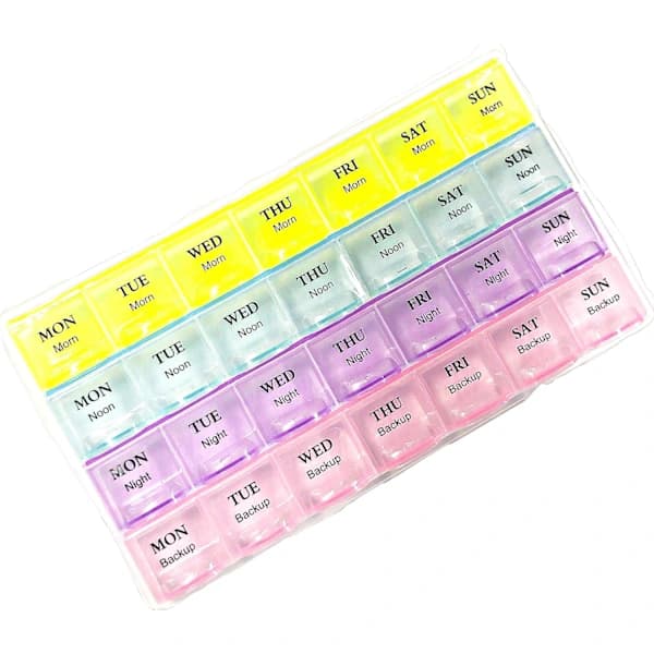 REQUISITE NEEDS Weekly Pill Organizer 7 Days 28 Compartments Tablet Organizer with Labels for Medications Supplements, Vitamins