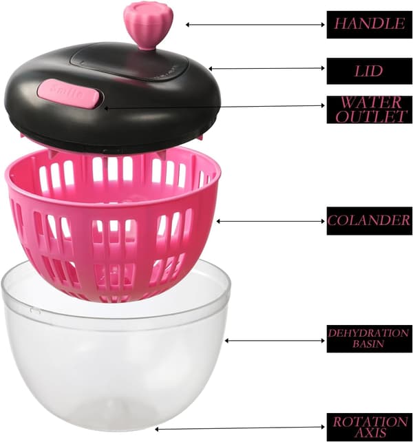 Black & Pink Fruit Washing Container with Lid & 360° Rotating Handle - Berry Strainer, Colander & Refrigerator Storage Bowl for Kitchen