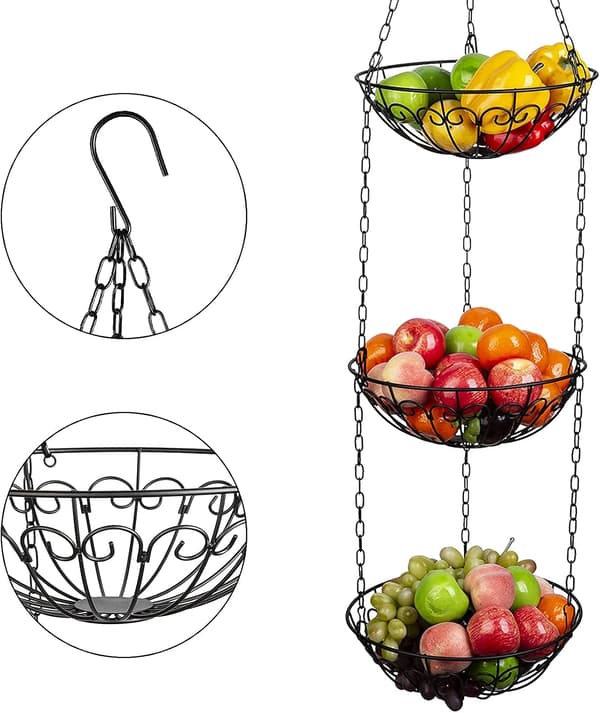 3-Tier Hanging Fruit Basket, Metal Vegetable Baskets Round Fruit Basket Storage Rack for Fruit Vegetable Bread, Black