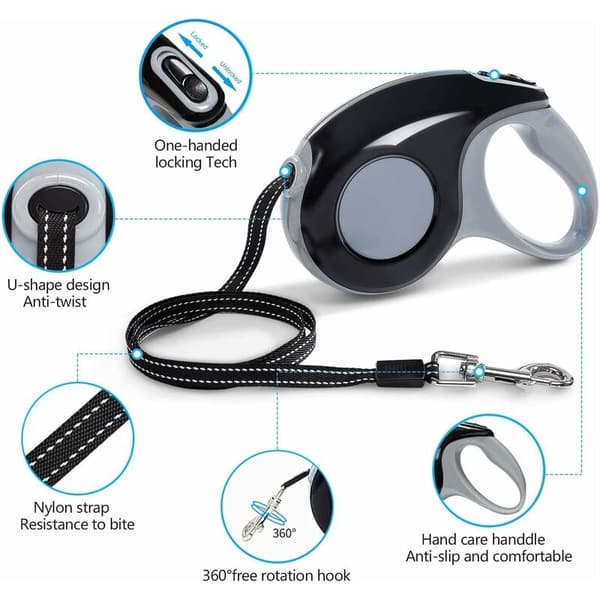 Retractable Dog Leash, Telescopic Traction Rope, Dog Training Leash, One-Button Braking and Locking, Non-Slip Handle, Max 15 kg (Black, 5 meters)