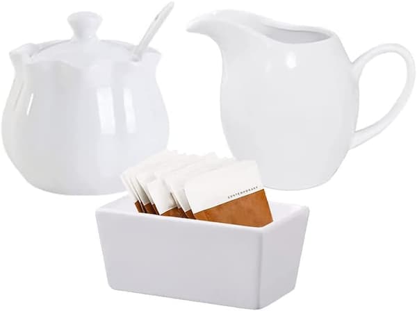 3 stk sukker- og fløtesett, mugge, skål, søtningsmiddelholder, kaffeserveringssett