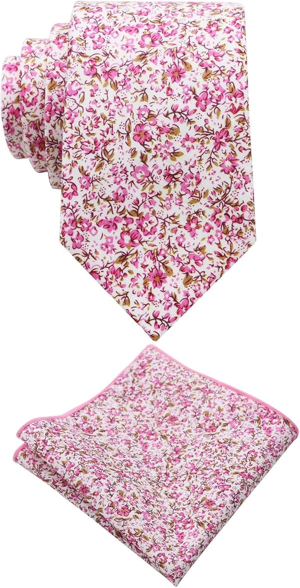 Blomstrete slips for menn, smale bomullsslips med blomstermønster og lommetørkle, herreslips til bryllup og konfirmasjon