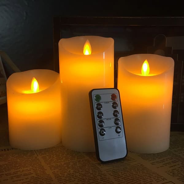 3 stk. Flammeløse LED-søylelys på batteri, søyle av ekte voks