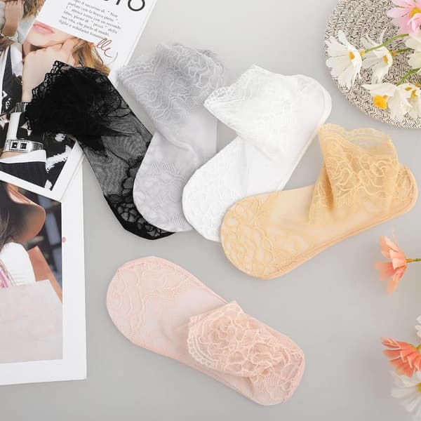 Plisserede blondestrømper til kvinder, kort netbomuld, sommertynde, en størrelse, hvid/grå/rosa/sort/beige, 5 par