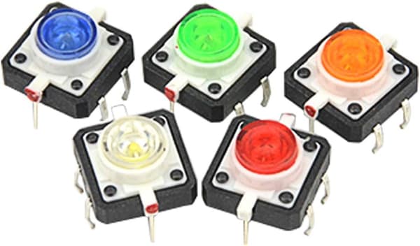 10 stk. LED-trykknapper med taktil feedback, 12 mm x 12 mm x 7,3 mm, rød, hvid, gul, blå, grøn