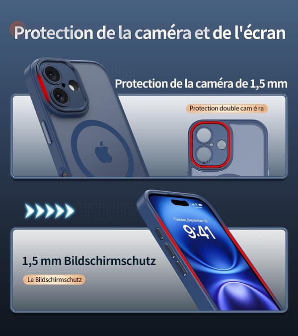 Magnetic Case for iPhone 16, Compatible with MagSafe, Translucent Matte Back Slim Shockproof Case, Storm Blue