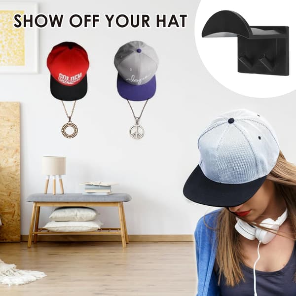 Baseball Cap Holder Wall Mount, Self-Adhesive Hat Storage Hooks No Drilling for Door Wardrobe Bedroom, Black 10-Pack